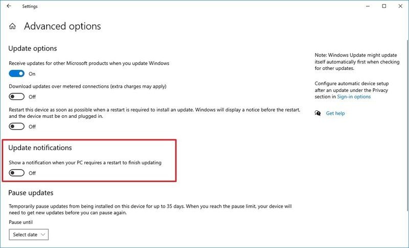 Désactiver les notifications de redémarrage de la mise à jour sur Windows 10