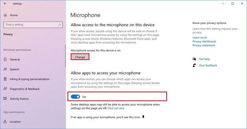 Windows 10 permet l'accès au microphone pour les applications