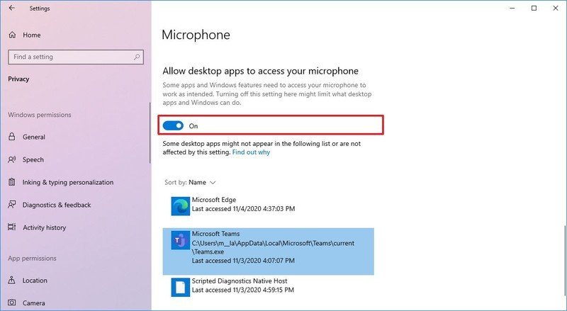 La confidentialité de Windows 10 autorise l'accès au microphone Teams