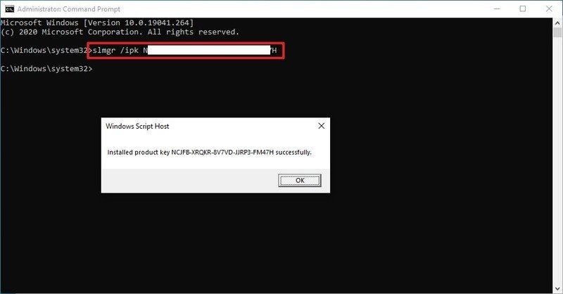 Commande d'installation de licence Windows 10