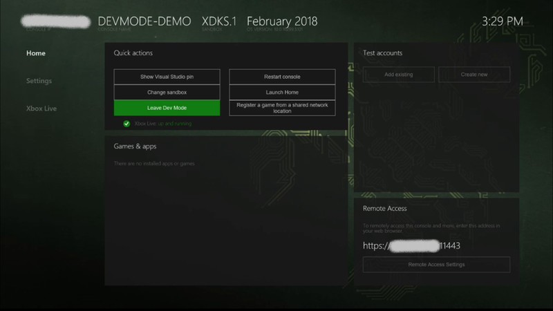 Écran d'accueil du mode Xbox Dev