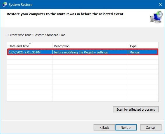 Windows 10 sélectionnez le point de restauration