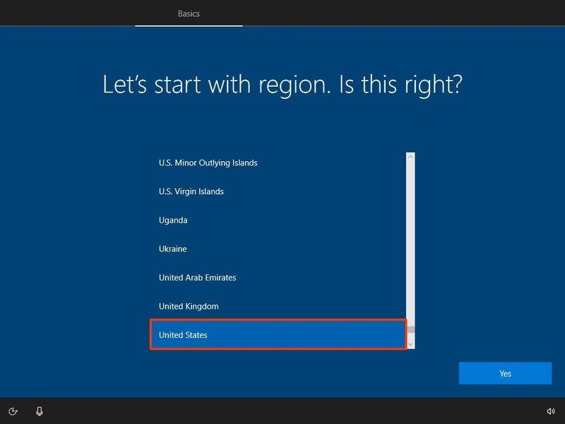 Région de sélection de Windows 10 Professionnel OOBE