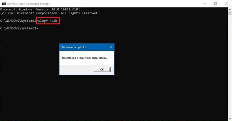 Commande de suppression de licence Windows 10