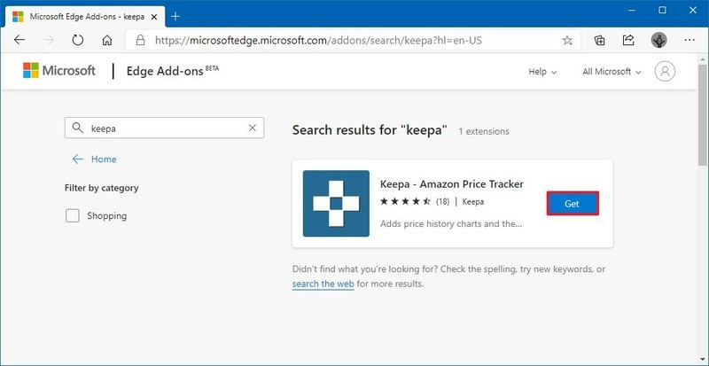 Microsoft Edge télécharger l'extension Keepa