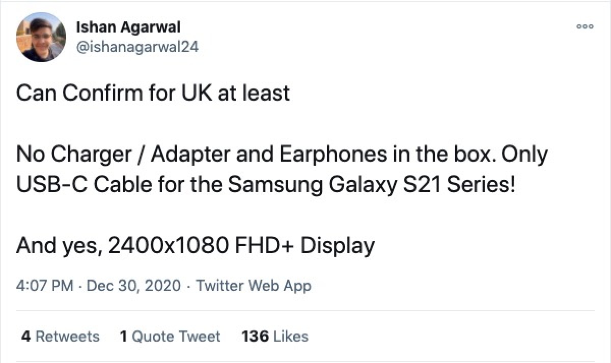 Samsung Galaxy S21 - Aucun chargeur dans l'emballage