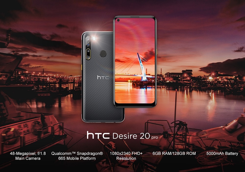 Infographie officielle du HTC Desire 20 Pro avec ses principales caractéristiques.