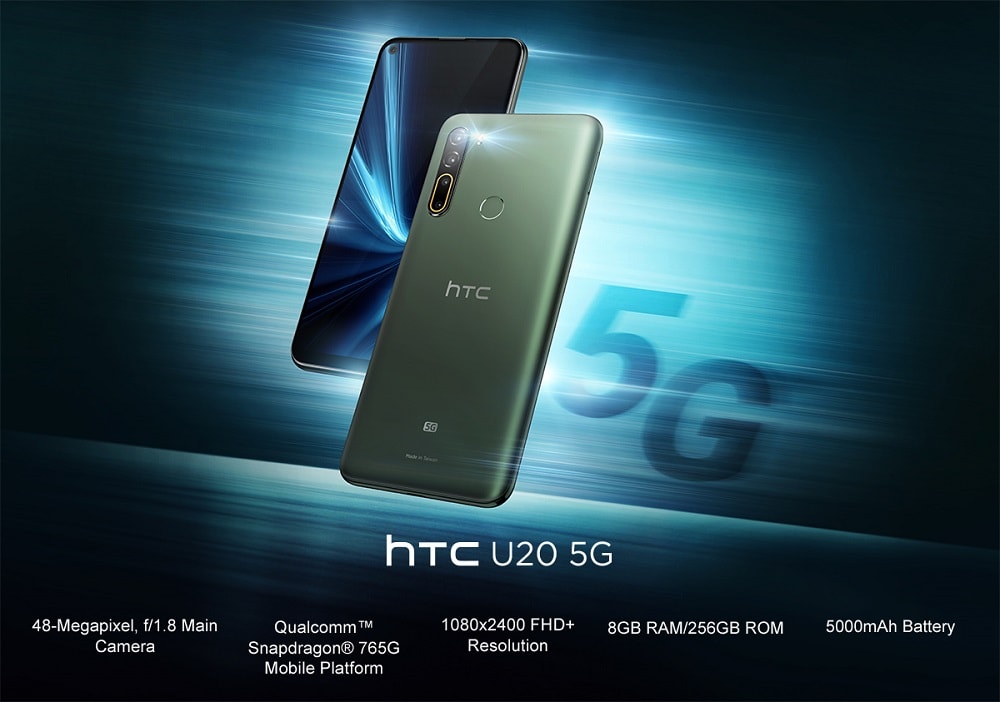Infographie officielle du HTC U20 5G avec ses principales caractéristiques.