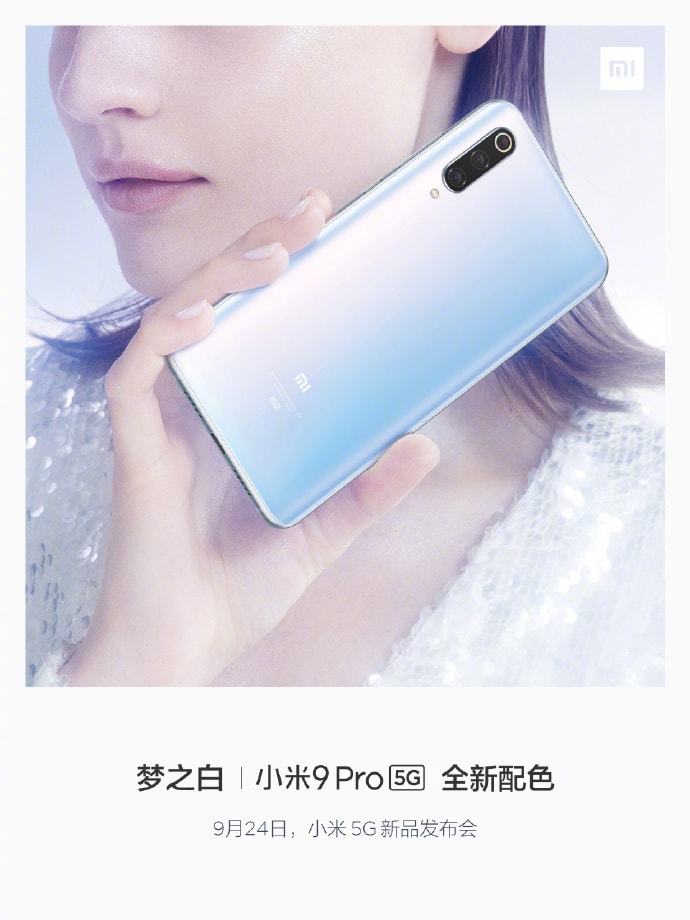 Rendu publicitaire de la couleur blanche irisée du Xiaomi Mi 9 Pro 5G.