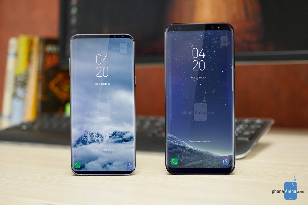 Rendu créé par Phone Arena montrant l'avant du Samsug Galaxy S9 et Galaxy S9 +.