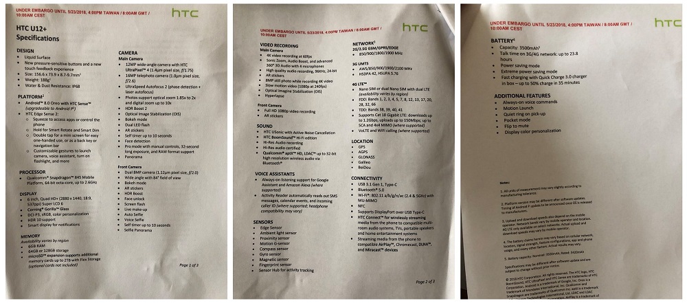 Fuite de photos montrant les spécifications complètes du HTC U12 +.