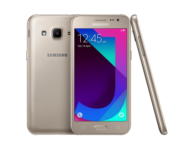 Rendu officiel du recto, du verso et du bord gauche du Samsung Galaxy J2 2017 Edition doré.