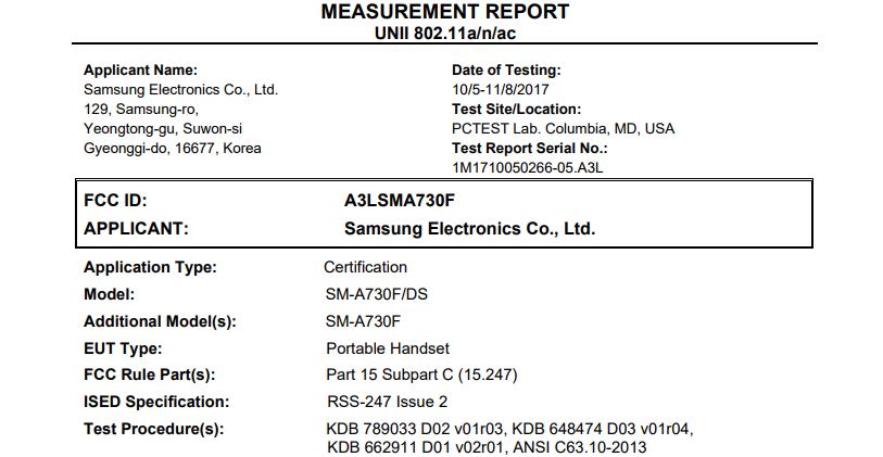 Capture d'écran de la certification Samsung Galaxy A7 (2018) par la FCC.