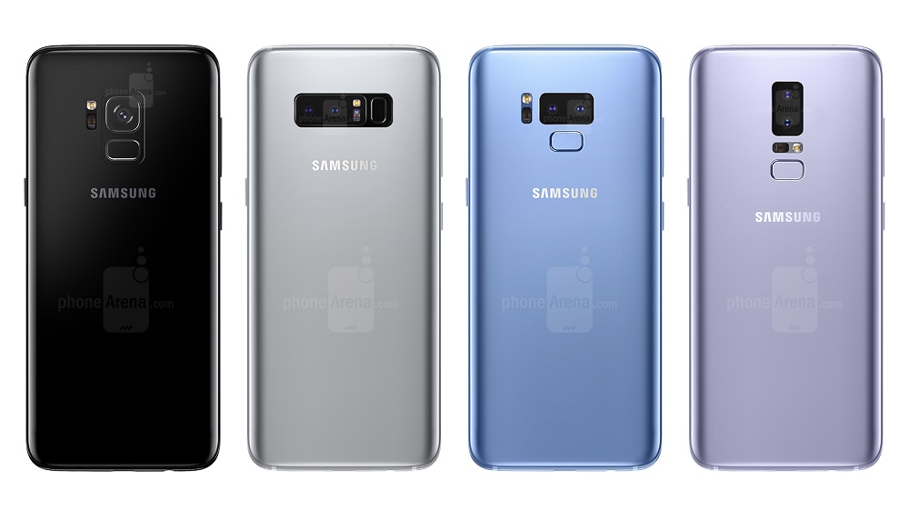 Rendu créé par Phone Arena montrant différents modèles et couleurs du Galaxy S9 / S9 +.