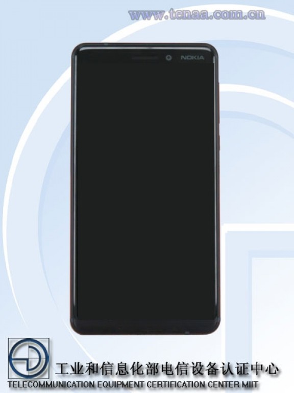 Rendu officiel publié par TENAA de la face avant du Nokia 6 (2018) en noir. 