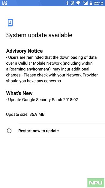 Capture d'écran du Nokia 8 recevant le correctif de sécurité Android de février.