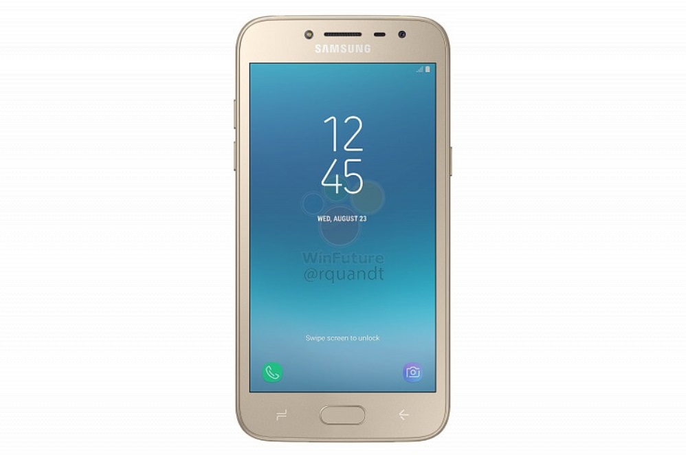 Rendu de fuite de la face avant du Samsung Galaxy J2 (2018) en couleur or. 