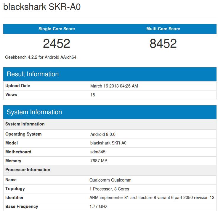 Capture d'écran des résultats de Xiaomi Blackshark sur Geekbench.