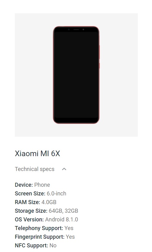 Capture d'écran du Xiaomi MI 6X présenté sur Android.com avant son annonce.