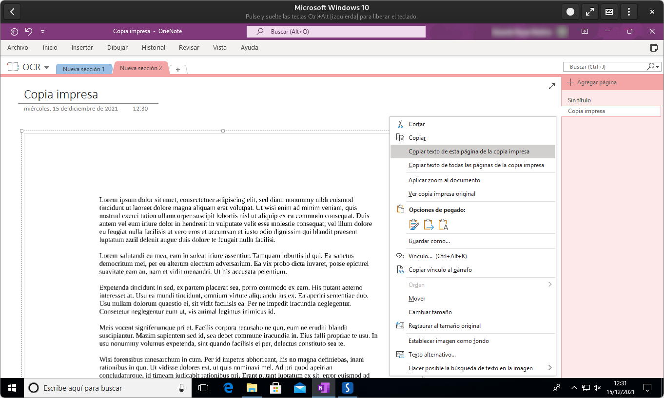 Utilisation de Microsoft OneNote OCR pour copier du texte à partir d'un document PDF importé ou d'une copie papier