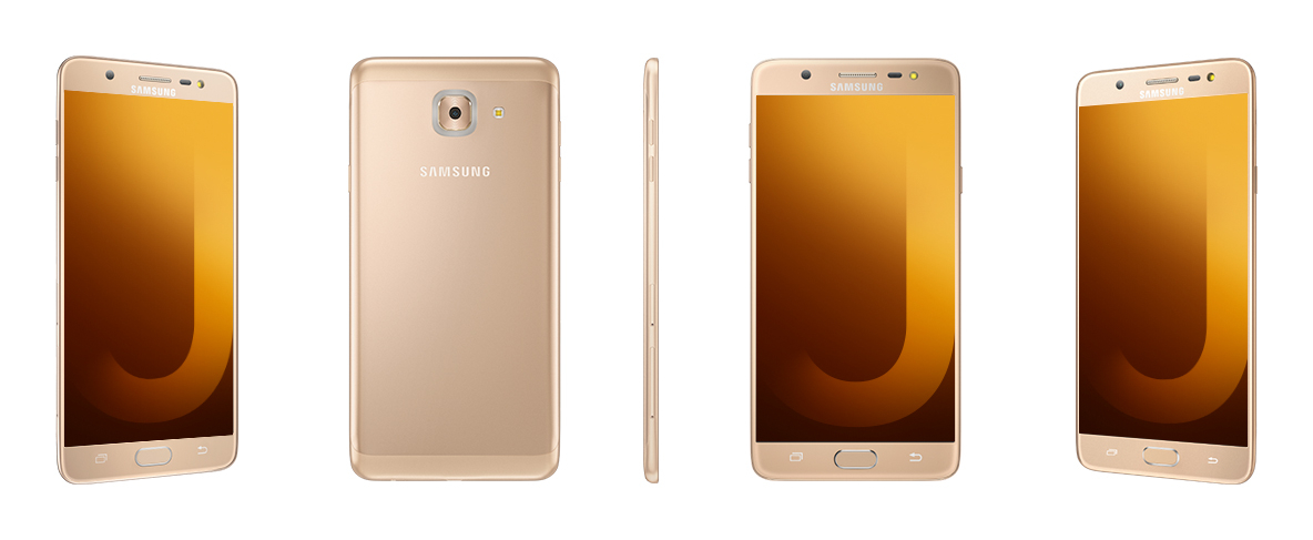 Avant, bord gauche et arrière du Samsung Galaxy J7 Max doré.