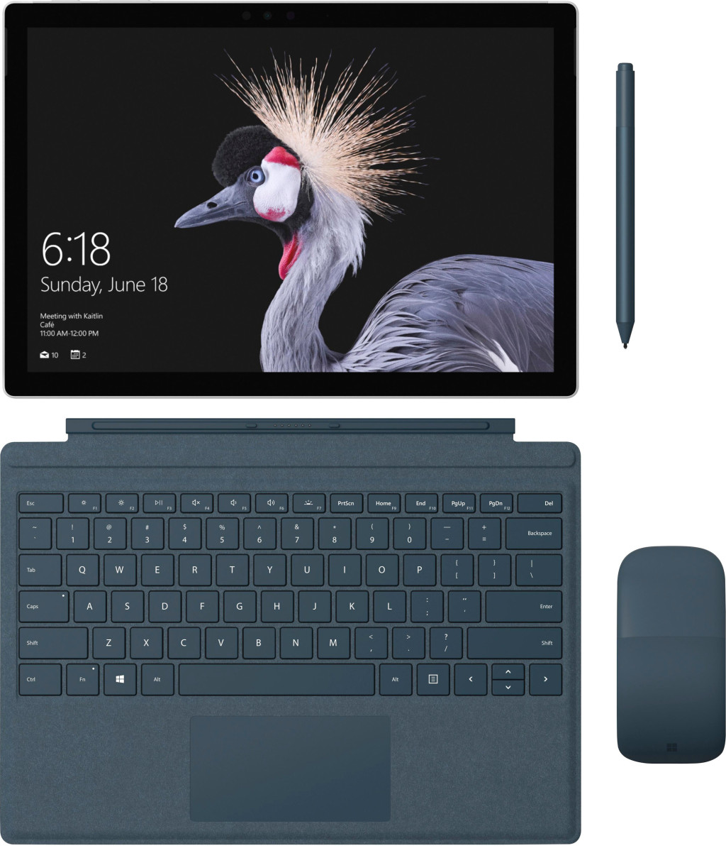 Tous les accessoires et la vue aérienne du Microsoft Surface Pro. 