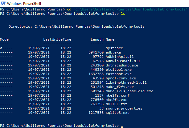 Accéder avec PowerShell au répertoire où se trouve le SDK Android dans Windows 10 pour utiliser ADB