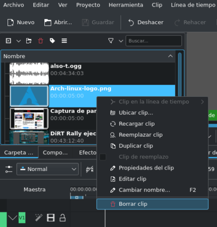 Удаление клипа из проекта Kdenlive