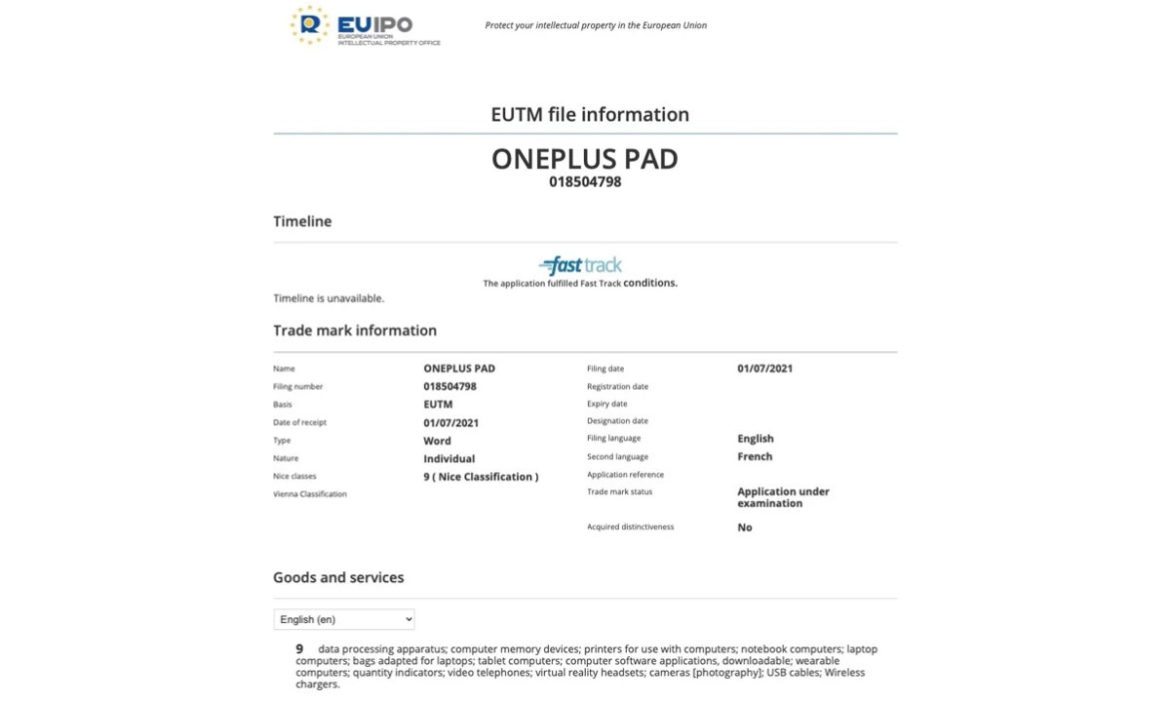 OnePlus Pad EUIPO Marque déposée