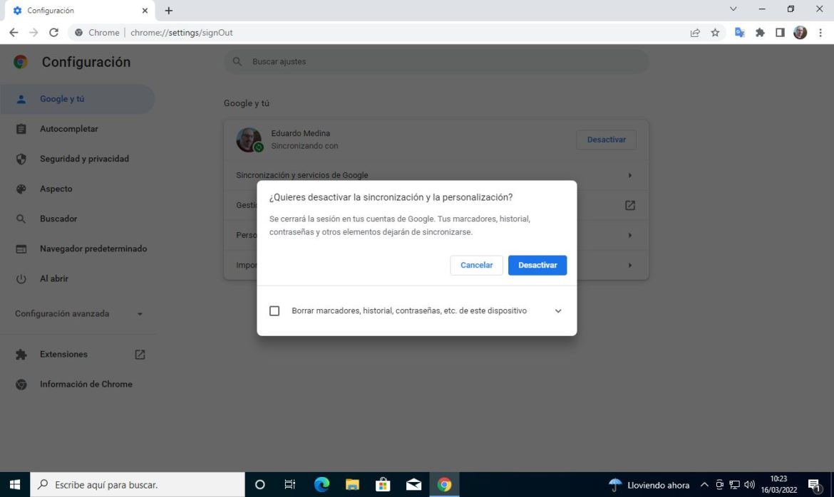 Désactiver ou désactiver le compte dans Google Chrome